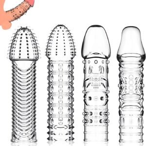 4 Pack Reusable Penis Sleeves, Cock Condoms for Dildo Vibrator Couple Penis Extender Sleeve Penis Enlarger for Men Delay Ejaculation